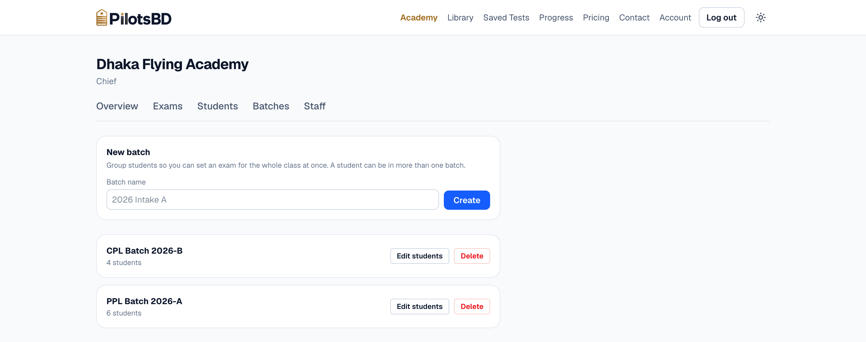 The batches page: a form to create a batch, and two existing batches with their student counts.