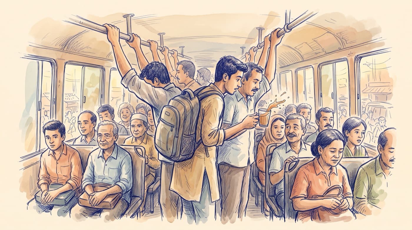 Hand-drawn sketch of a crowded Dhaka bus braking, a passenger's tea splashing forward