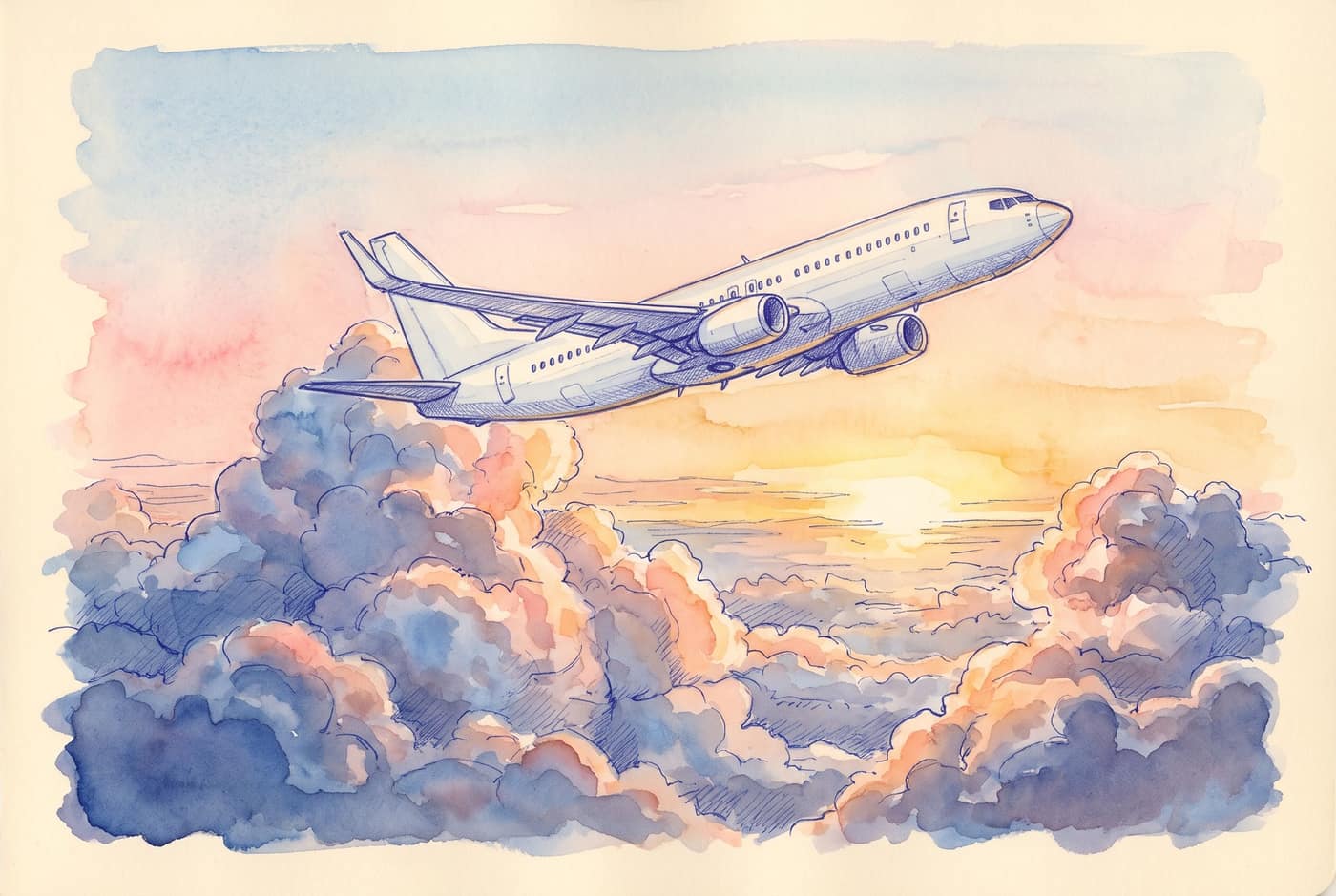 Sketch of a twin-engine airliner climbing above a layer of monsoon cumulus cloud at sunrise