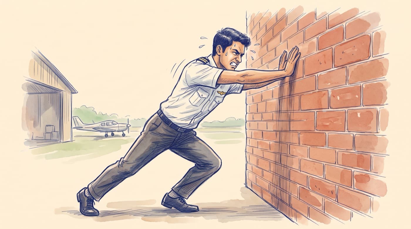 Hand-drawn sketch of a student pilot straining to push a brick wall that does not move
