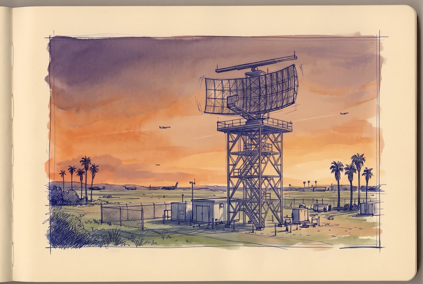 Sketch of a large curved surveillance radar antenna with a bar antenna on top, on a lattice tower beside an airport at dusk