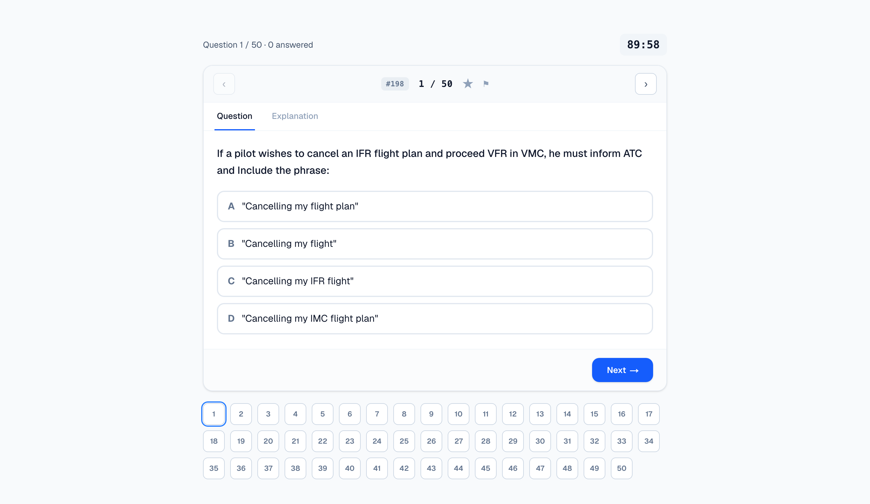 A school exam in progress: the site navigation is gone, a countdown clock runs at the top, and a question palette shows all fifty questions.