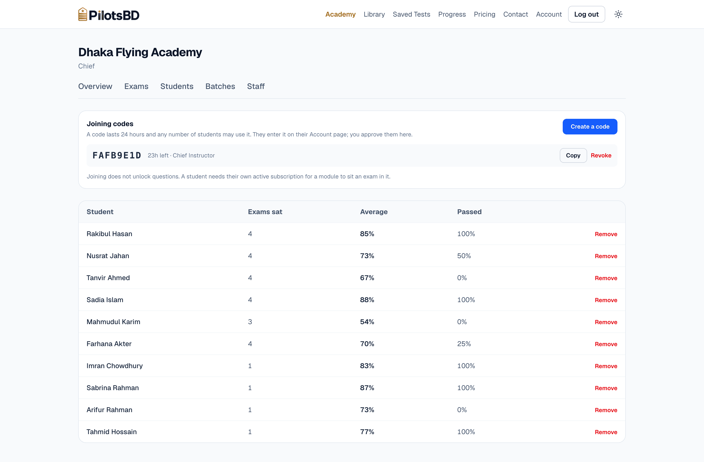 The students page: a live 24-hour joining code with copy and revoke, and every student's record across all the school's exams.