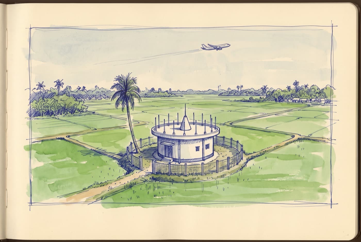 Sketch of a small round VOR beacon building with a ring of short antennas on its roof, alone in green rice fields with an airliner high above