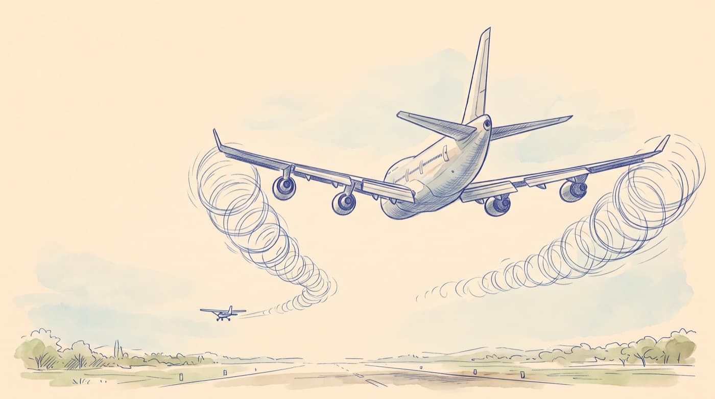 Sketch of a heavy airliner on approach with two spiralling wake vortices trailing behind and sinking, a small aircraft following
