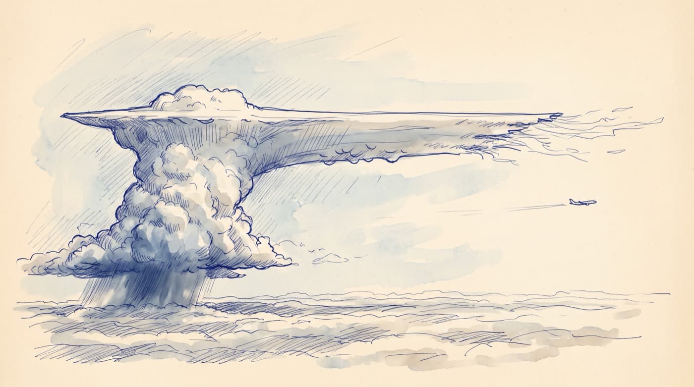 Sketch of a thunderstorm cloud seen from far away at high altitude: a lumpy tower rising from a layer of lower cloud, its top flattened into a long thin anvil streaming far to one side, with a small airliner well clear of it