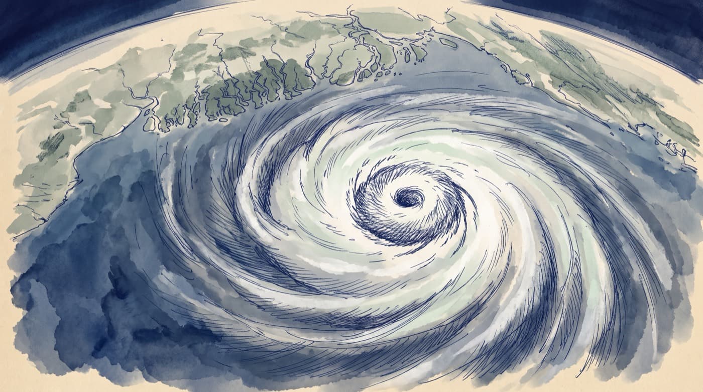 Sketch of a tropical cyclone seen from space over the Bay of Bengal, with a clear round eye, a thick eyewall and spiral rain bands, the delta coastline at the top