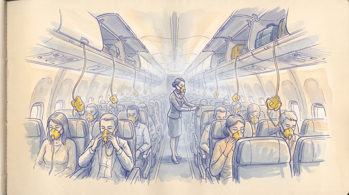 Sketch of an airliner cabin after a pressure loss, yellow oxygen masks hanging above every seat, passengers wearing them and a cabin crew member in the aisle