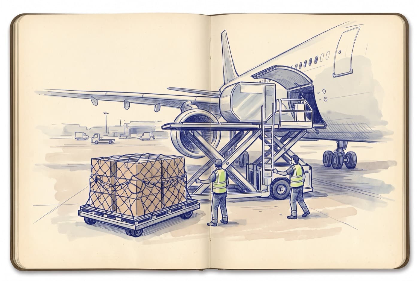 Sketch of a scissor-lift loader raising a cargo container to a wide-body jet's lower deck door, with a netted pallet of cartons on the apron