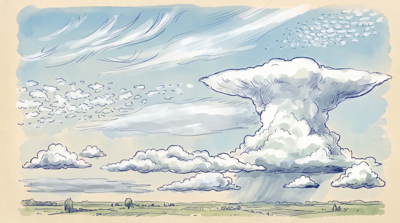 Sketch of a sky showing the cloud families at their heights: low stratus and cumulus, a towering cumulonimbus with an anvil, dappled altocumulus and altostratus in the middle, and wispy cirrus and rippled cirrocumulus at the top