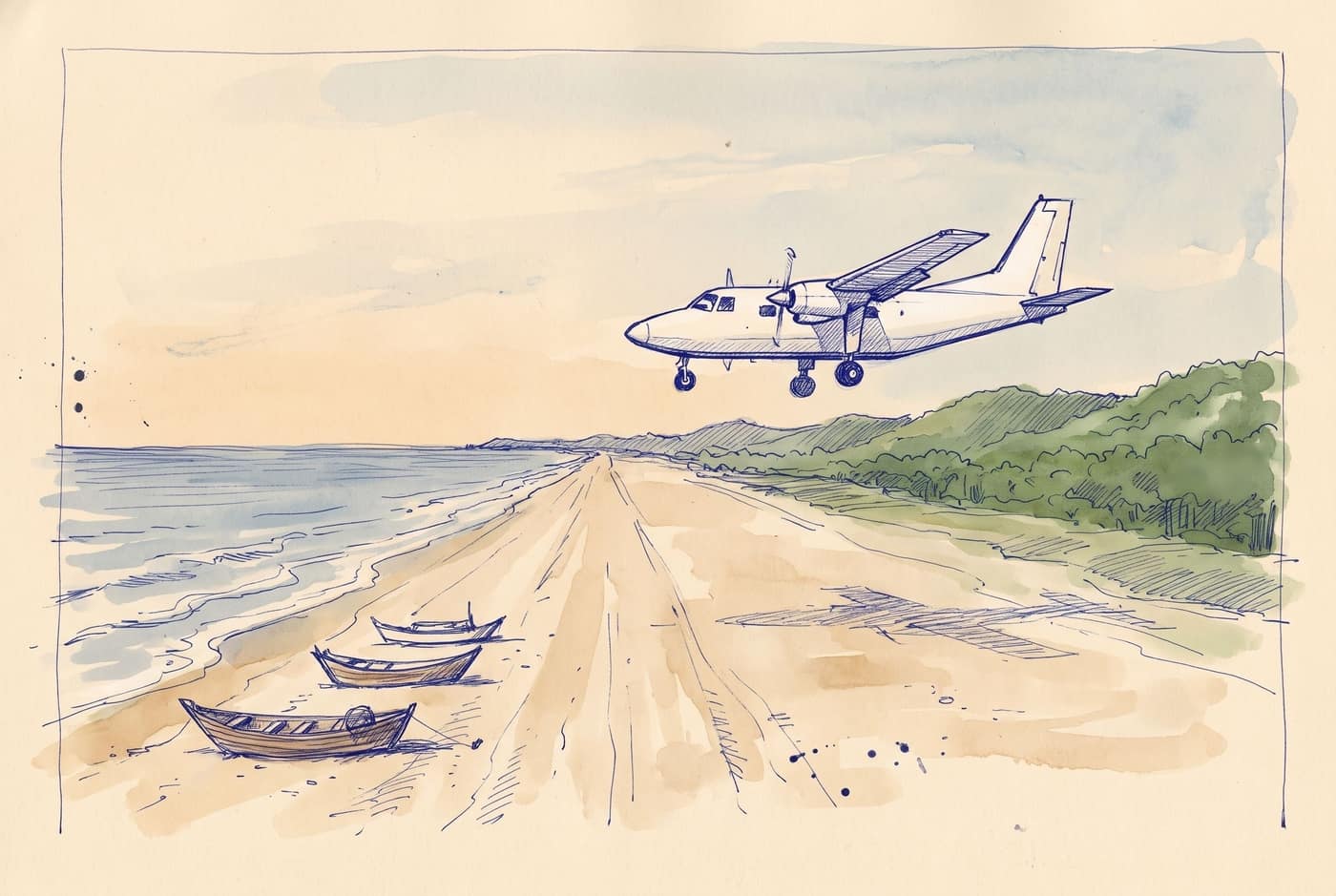 Sketch of a small twin-engine propeller aircraft with its gear down flying low along a long sandy beach, wooden fishing boats on the sand, the sea on one side and green hills on the other