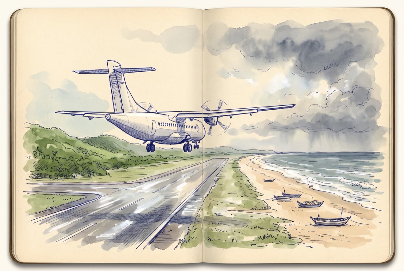 Sketch of a twin turboprop on short final to a wet runway beside a beach, fishing boats on the sand and rain clouds moving out to sea