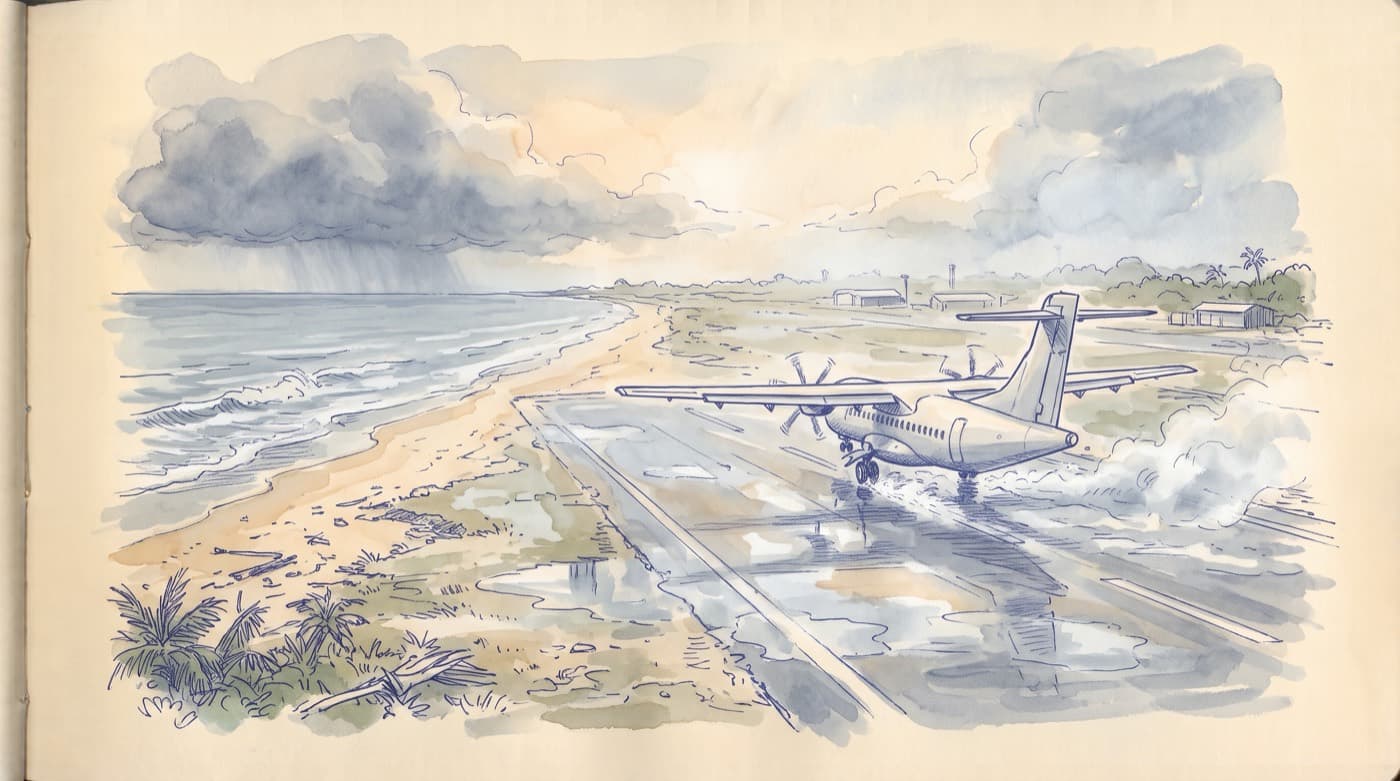 Sketch of a twin turboprop landing on a wet coastal runway beside a beach, puddles of standing water and spray from its wheels, monsoon clouds moving away