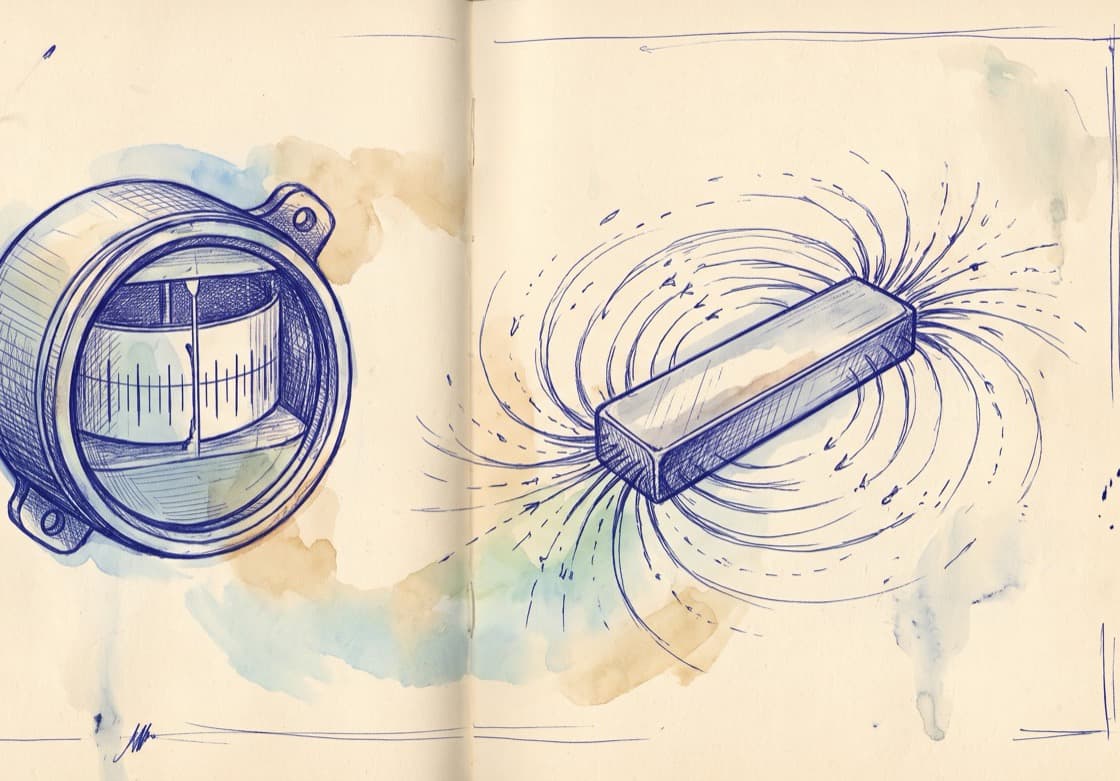 A sketch of a standby magnetic compass beside a bar magnet with its lines of force