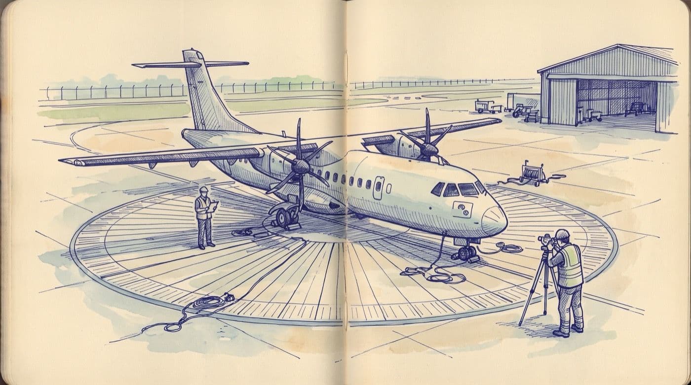 A turboprop on a painted compass base while an engineer sights it with a landing compass on a tripod