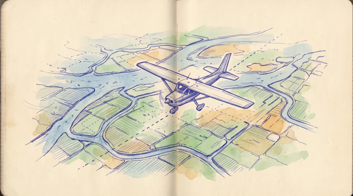 A small training aircraft crabbing over a river delta, nose turned into the wind