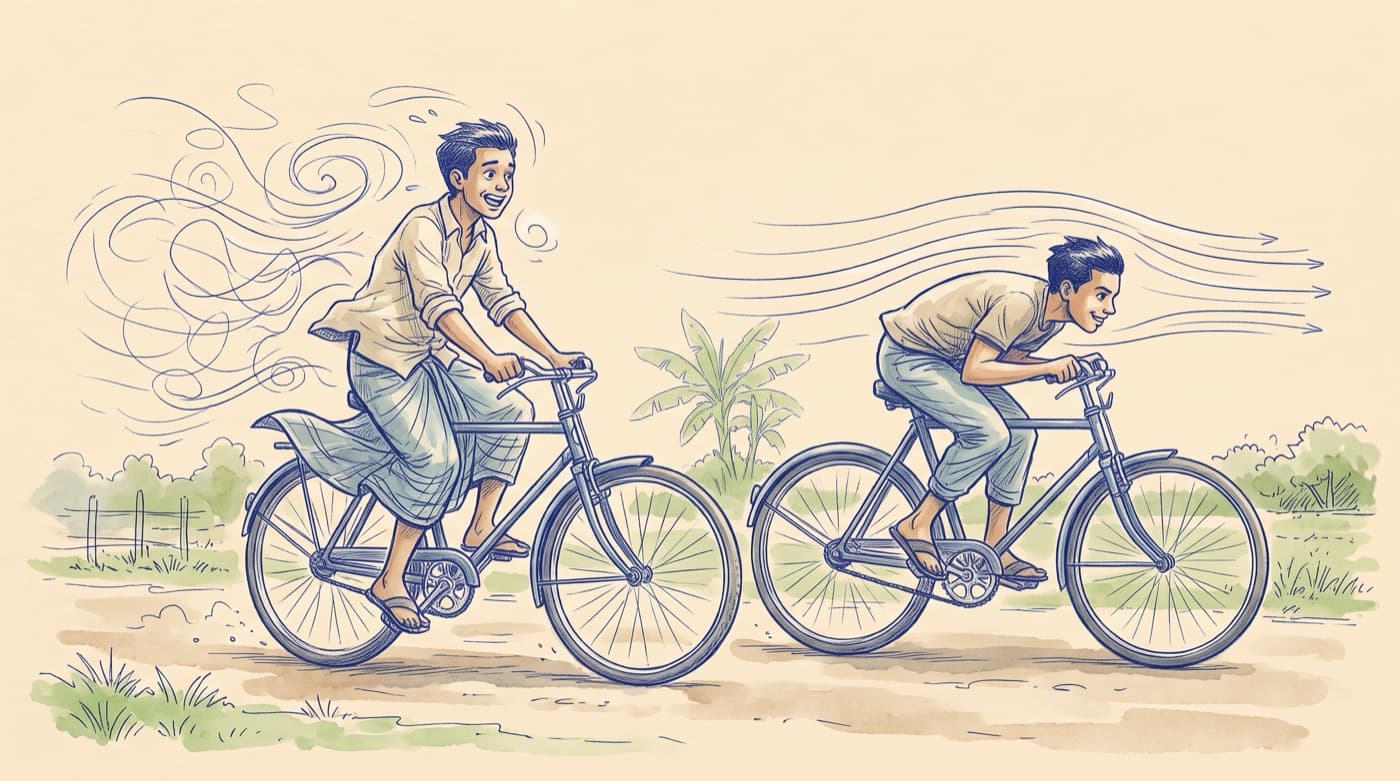 Sketch of two cyclists side by side, one sitting upright catching the wind, one crouched low and streamlined