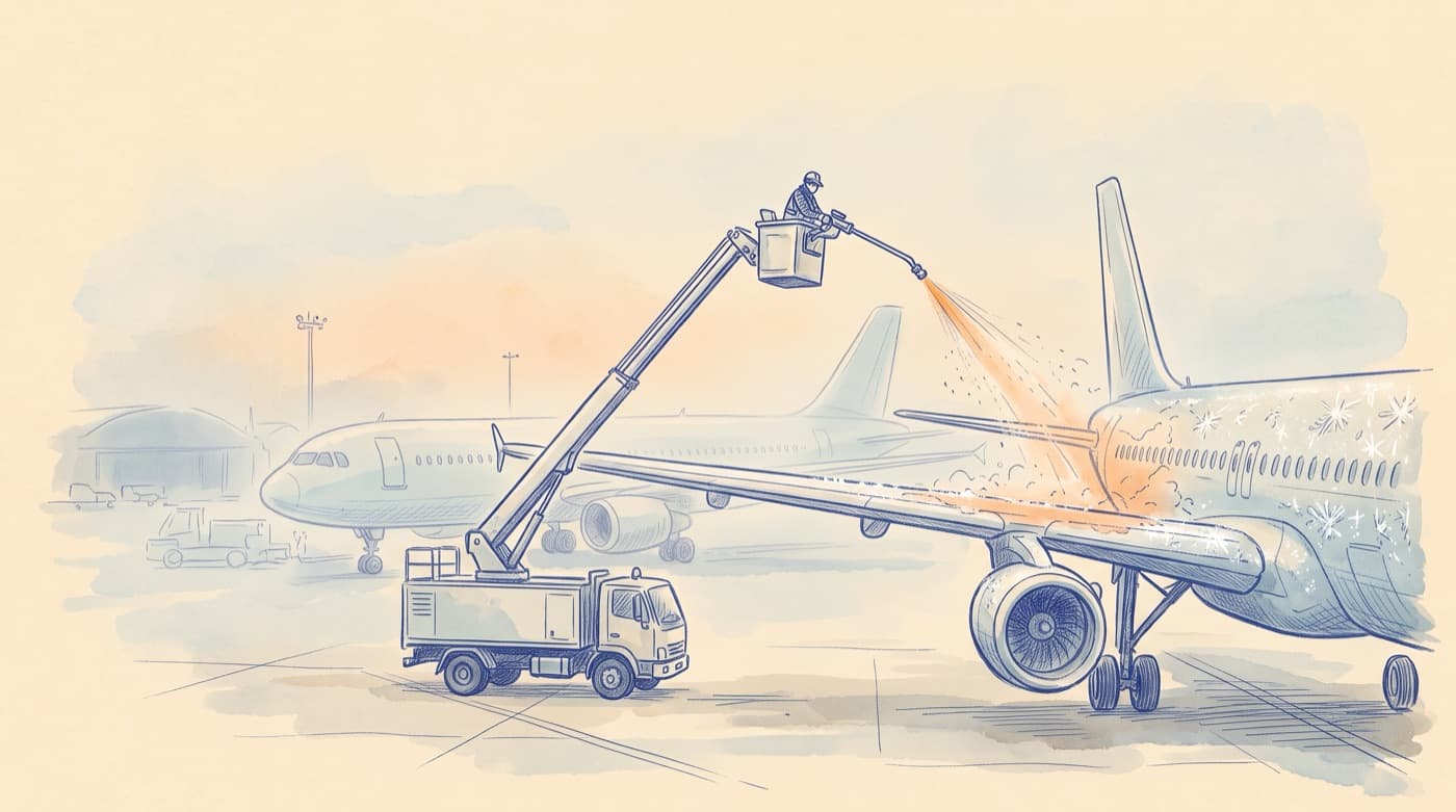 Sketch of a de-icing truck spraying fluid onto a frosted airliner wing on a cold morning
