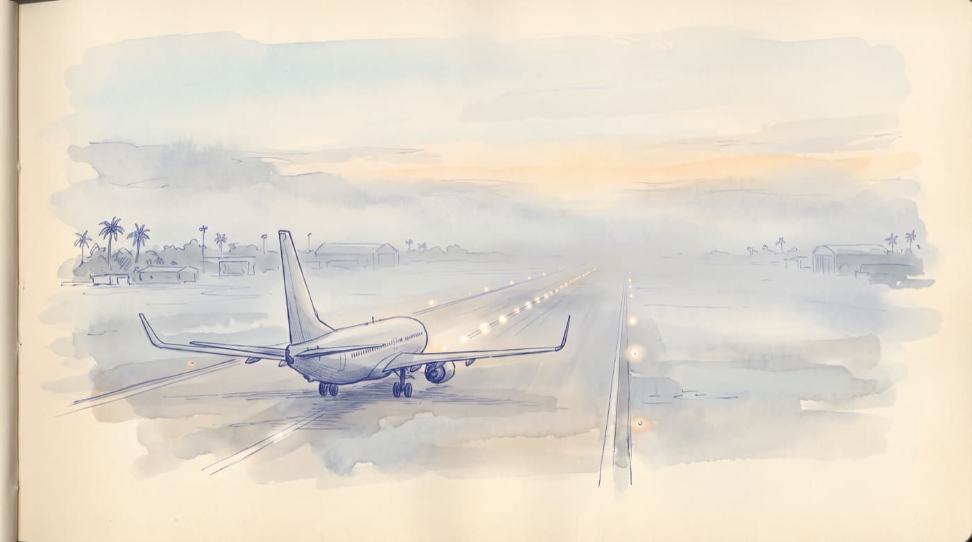 Sketch of a twin-jet airliner at the start of a runway at dawn, centreline and approach lights fading into thick fog, palm trees as grey shapes