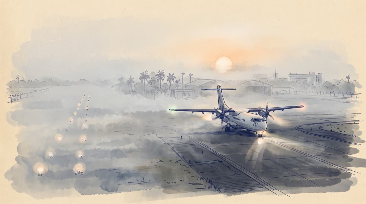 Sketch of an airport at winter dawn in thick ground fog: a twin turboprop with lights on at the runway holding point, approach lights fading into the fog, a pale rising sun above