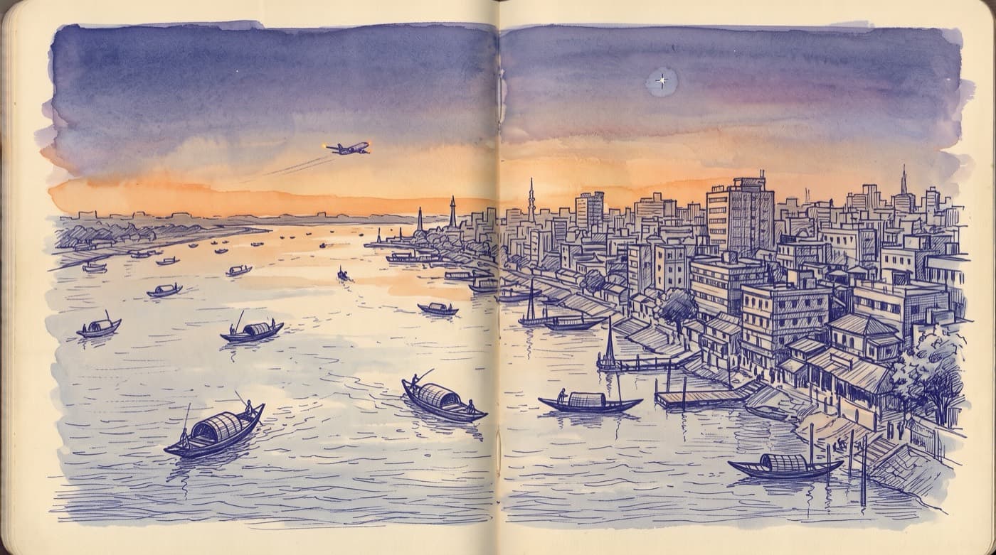 Evening twilight over a wide river beside a dense city, with country boats and a climbing airliner