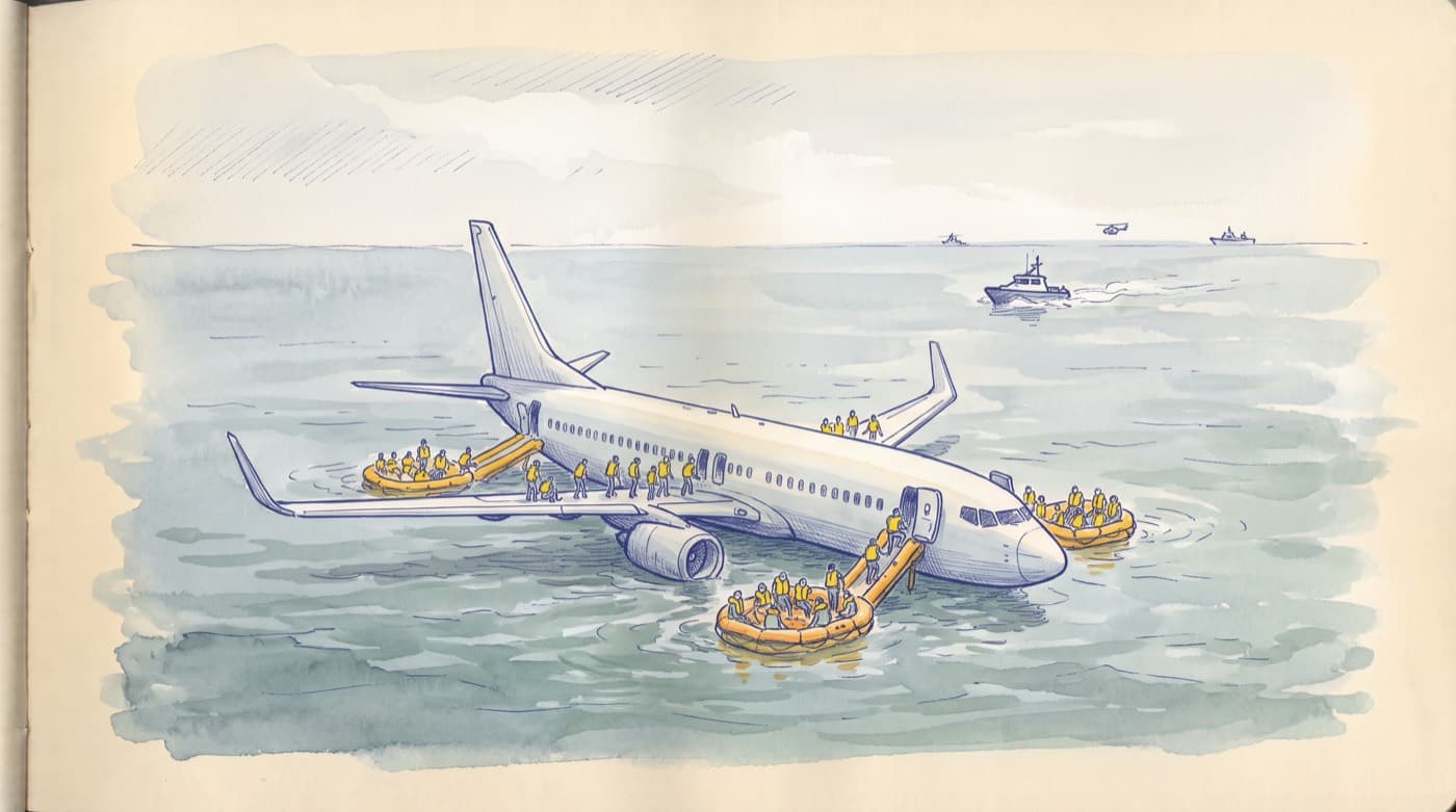 Sketch of a narrow-body airliner floating level on a calm sea after ditching, passengers in yellow life jackets boarding orange life rafts, a rescue boat approaching