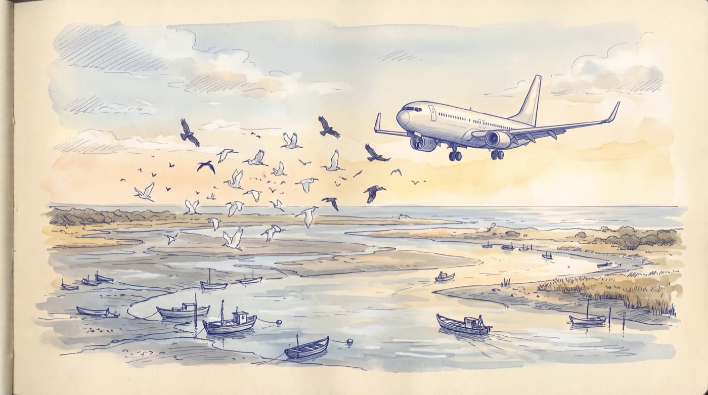 Sketch of a twin-jet airliner on short final over a river estuary with fishing boats, a flock of egrets and kites crossing in front of it