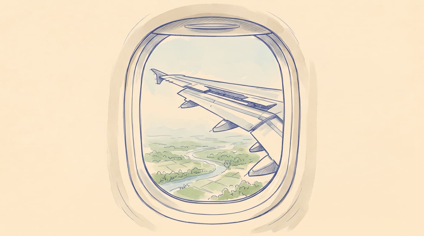 Sketch of an airliner wing seen through a cabin window on approach, with the trailing edge flaps extended back and down