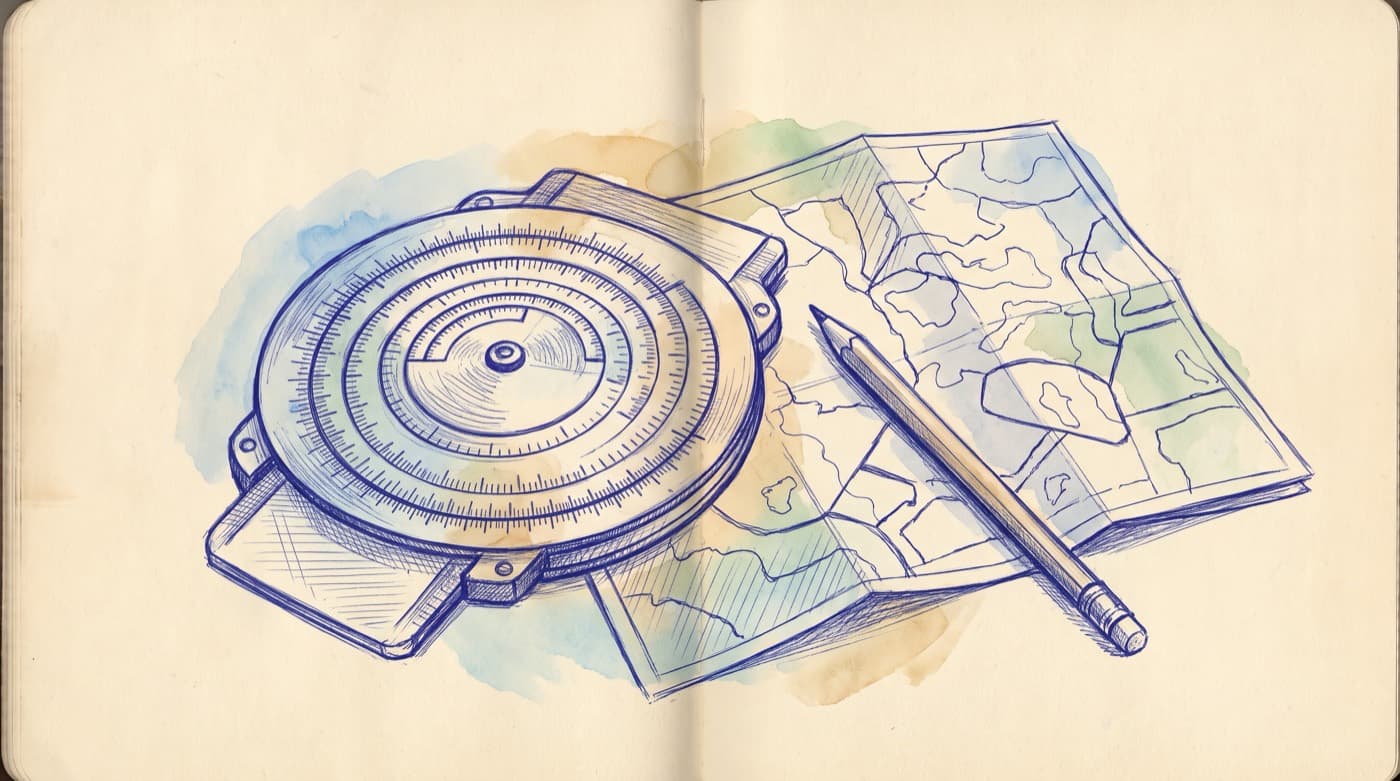 A sketch of a circular navigation computer lying on a chart beside a pencil