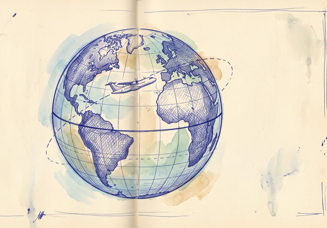 A notebook sketch of a globe with its meridians and parallels and a small airliner crossing it