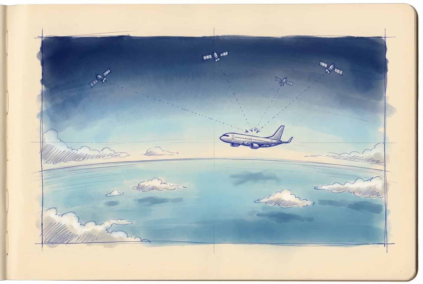 Sketch of an airliner cruising high above open sea with four satellites in the sky and dotted lines from each to the aircraft