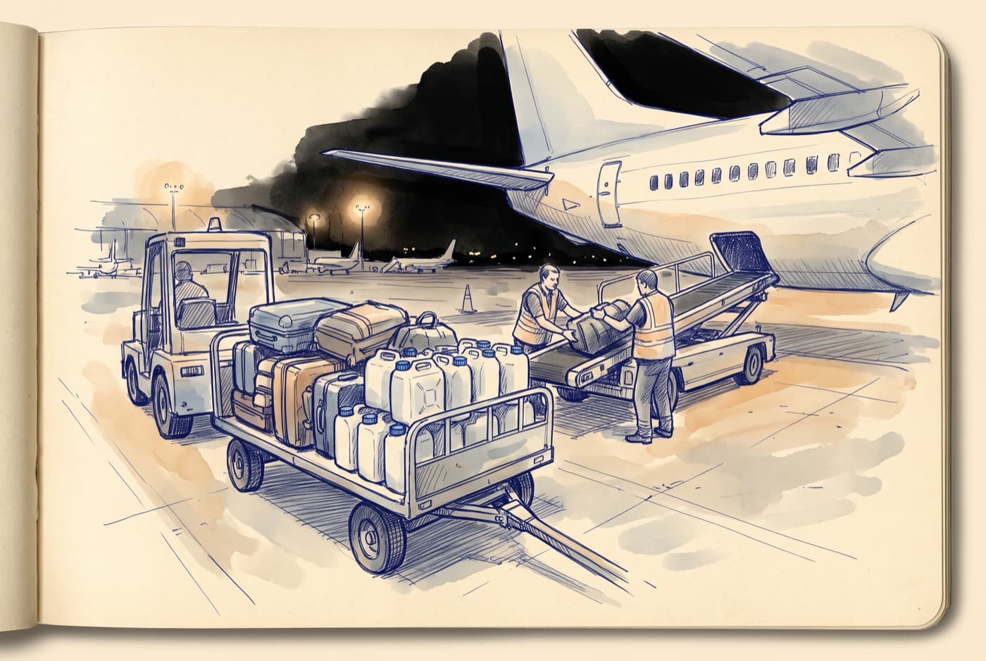 Sketch of a night apron: a baggage cart piled with suitcases and white water containers being loaded onto a belt loader into a narrow-body jet's hold