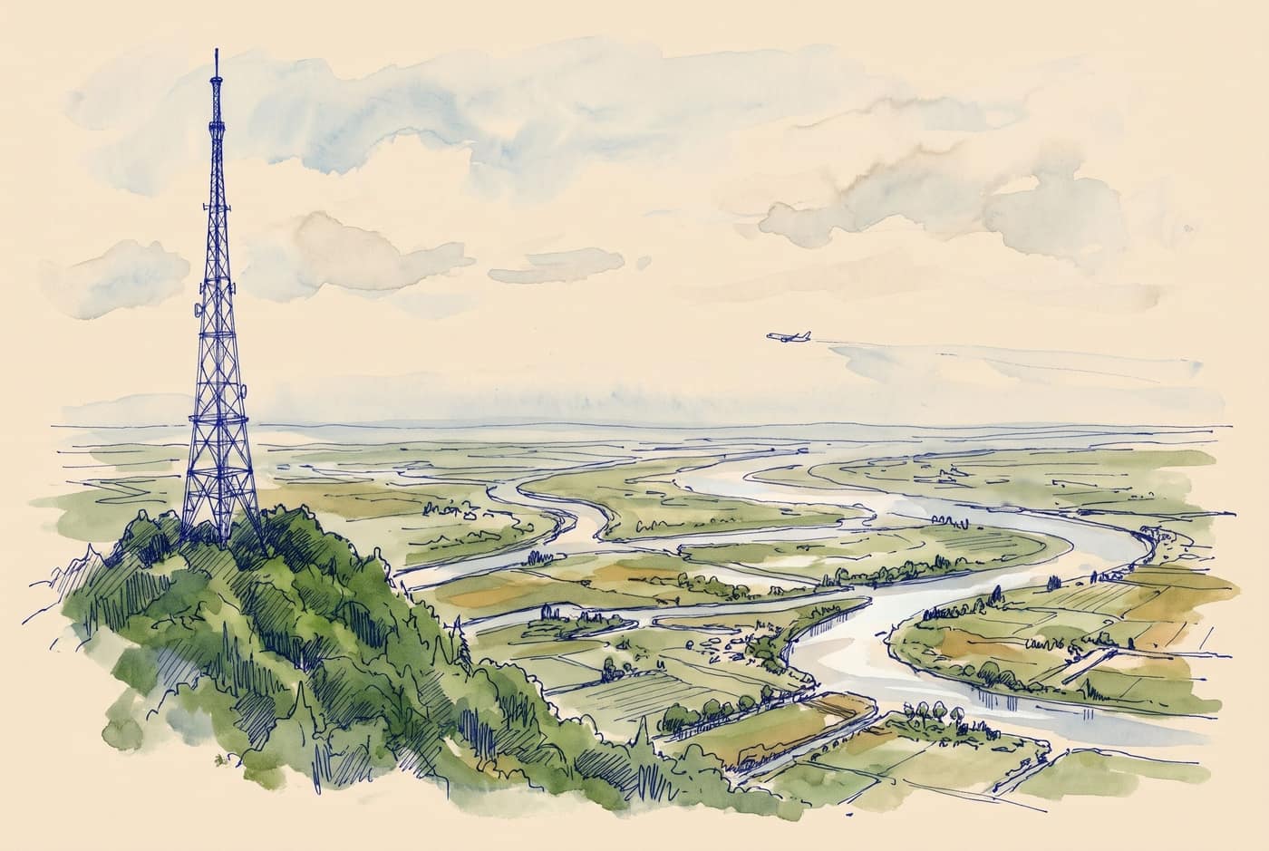 Sketch of a radio mast on a green hilltop with a small aircraft far away above the horizon over flat delta land