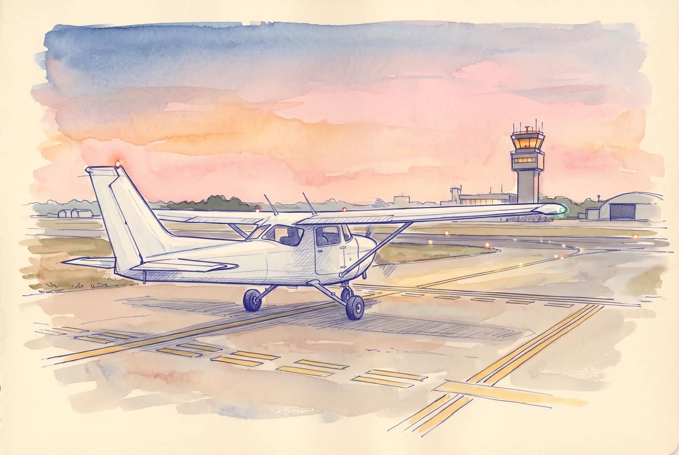 Sketch of a small training aircraft waiting at a runway holding point at dusk, a control tower with lit windows in the background