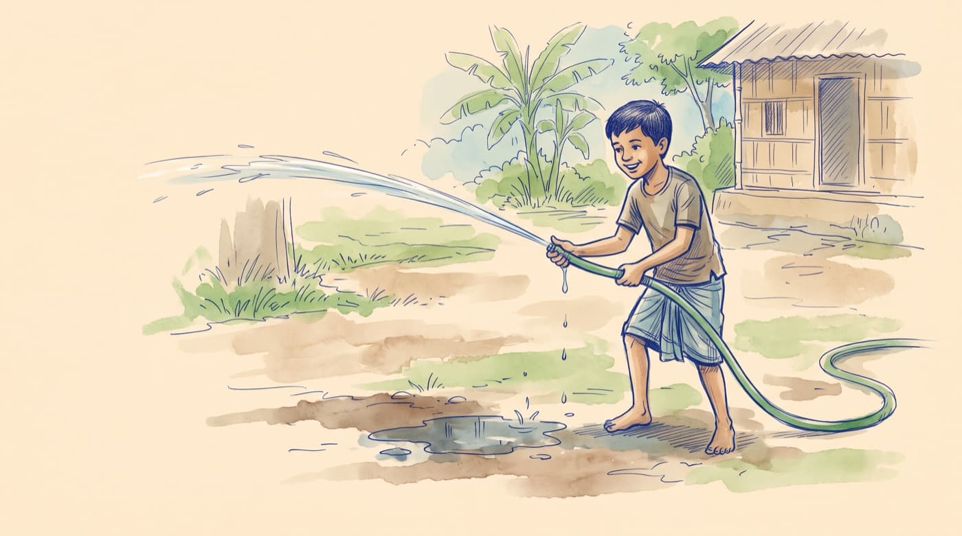 Sketch of a boy squeezing the end of a garden hose with his thumb so the water jets out fast