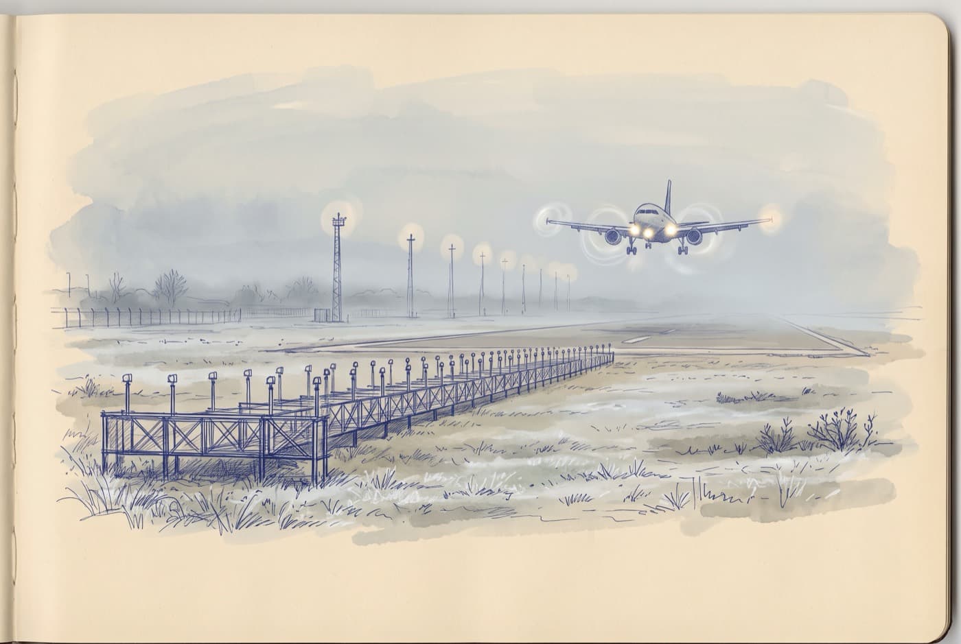 Sketch of a misty runway end with a row of localizer antennas on a frame and an airliner on final approach with landing lights on