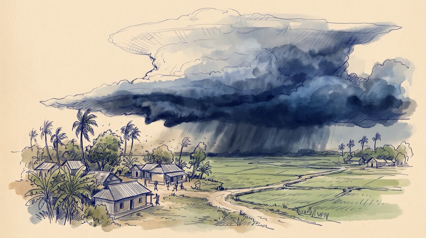 Sketch of a Nor'wester storm approaching a Bangladeshi village across green rice paddies: a towering cumulonimbus with an anvil, a dark shelf cloud at its base and heavy rain shafts