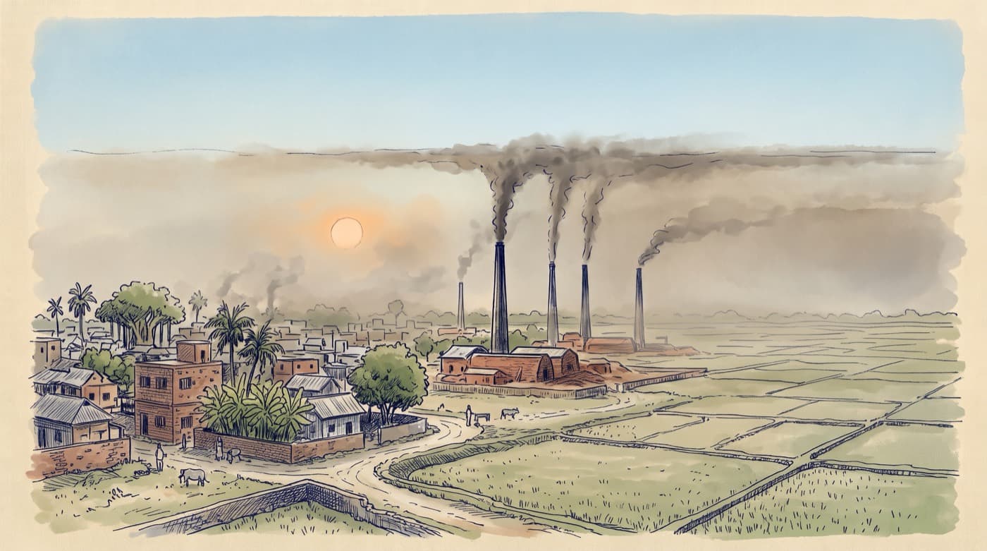 Sketch of brick kiln chimneys on a winter morning: their smoke rises, then stops at one height and spreads out flat into a brown haze layer under clear sky