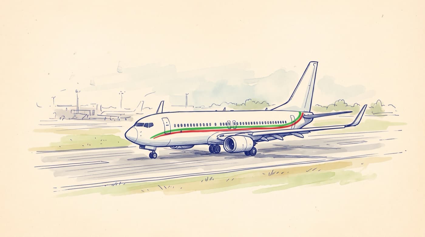 Sketch of a twin-jet airliner with its wings low on the fuselage and the engines under them