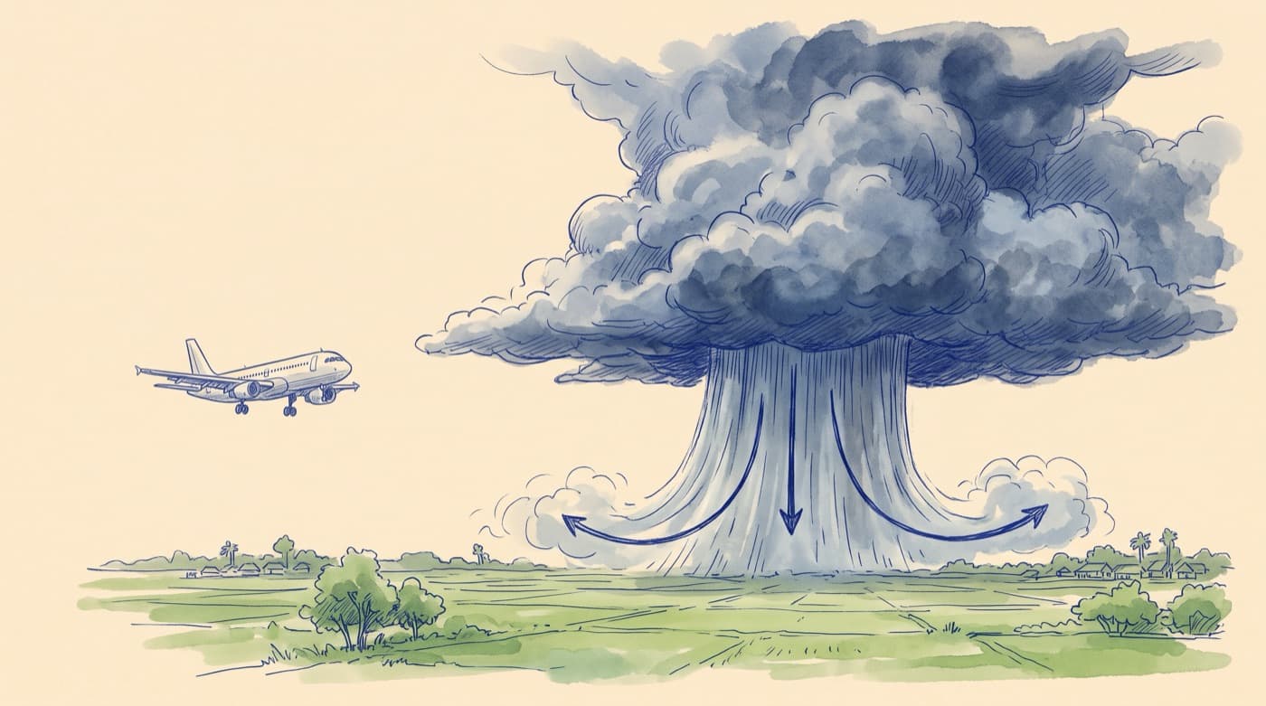Sketch of a dark thunderstorm cloud dropping a column of rain that spreads outward along the ground, with an airliner on final approach heading into it