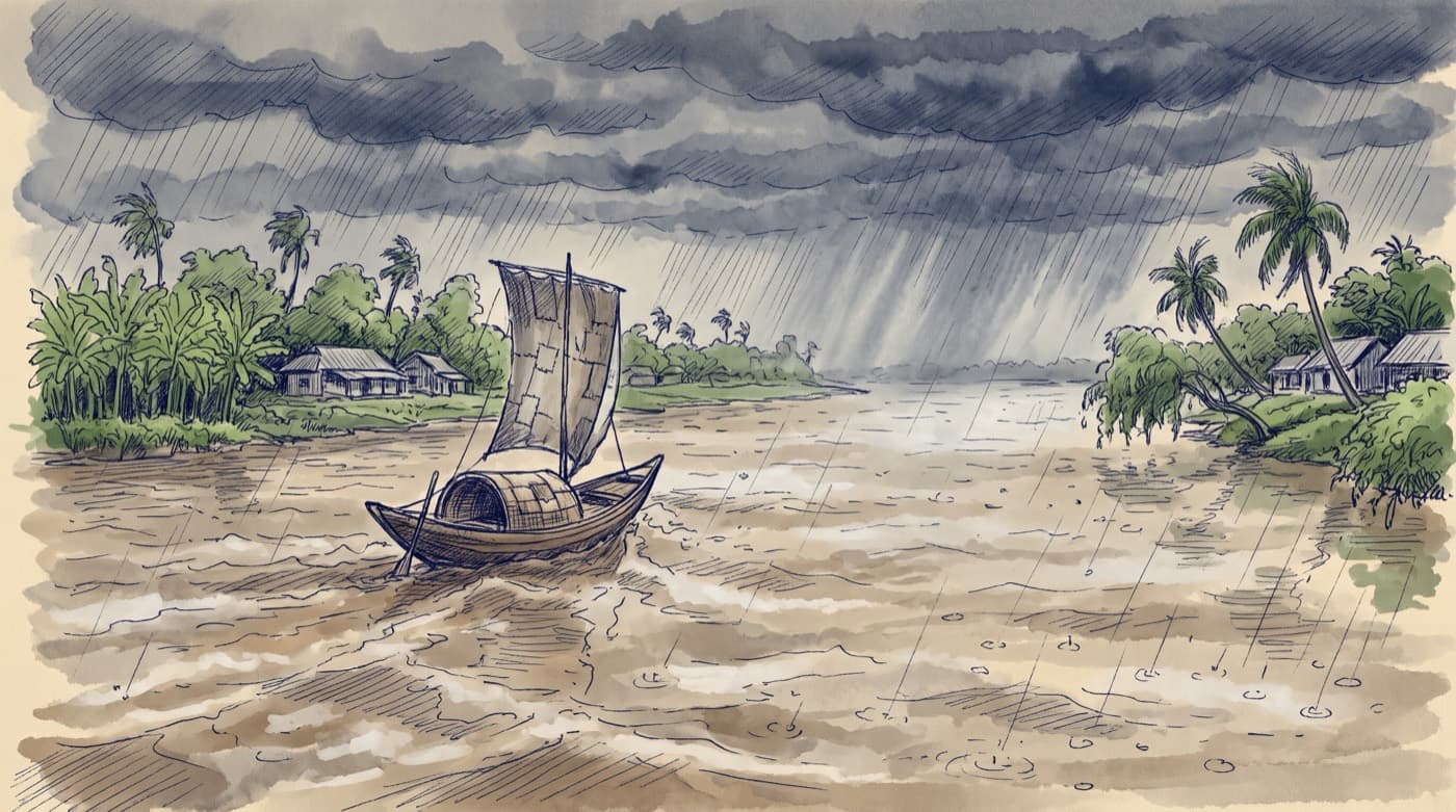 Sketch of a wide river in the monsoon with a wooden sailing boat, green banks with banana and coconut trees, and a low grey sky with steady rain