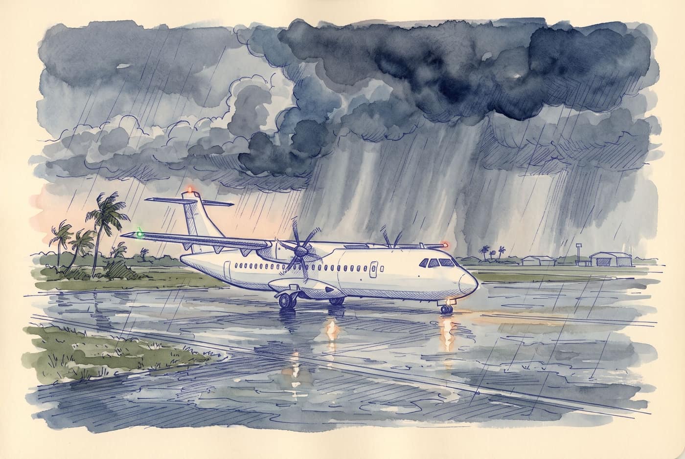 Sketch of heavy monsoon rain over an airport runway, dark cumulonimbus clouds and a turboprop waiting at the runway edge