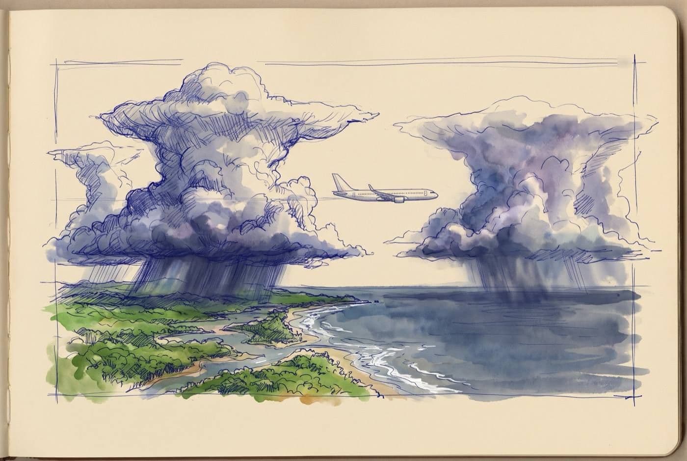 Sketch of an airliner flying through a clear gap between two towering cumulonimbus clouds with rain shafts over a green coastline