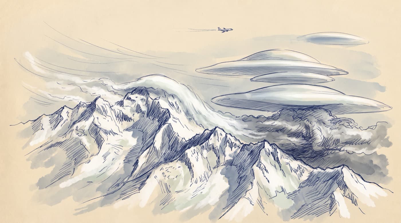 Sketch of a snowy mountain range with smooth lens-shaped lenticular clouds stacked above and downwind of the ridge, a cap cloud on the summit and a ragged rotor cloud below