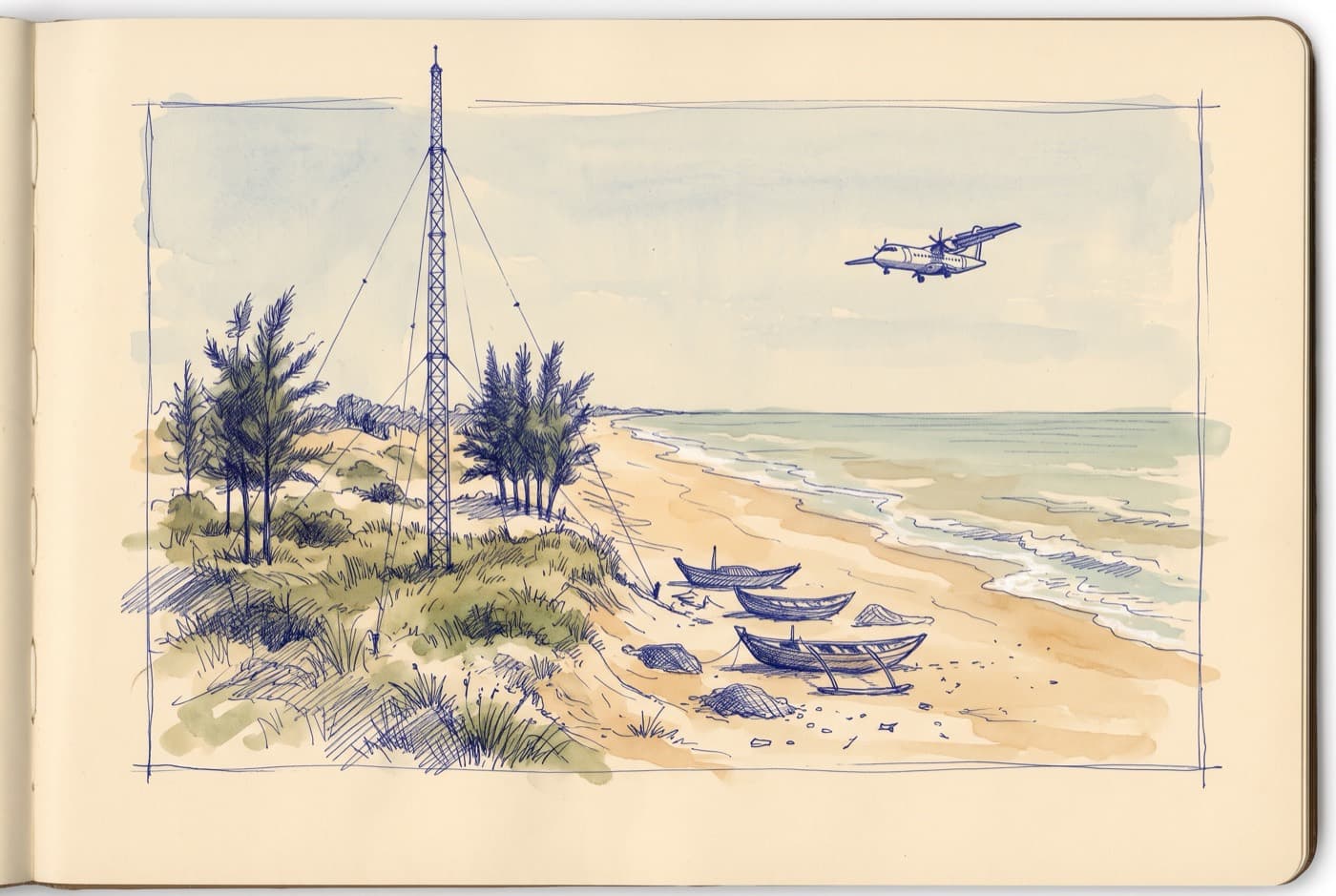 Sketch of a tall guyed radio mast on a dune beside a beach with fishing boats, and a turboprop flying in from the sea