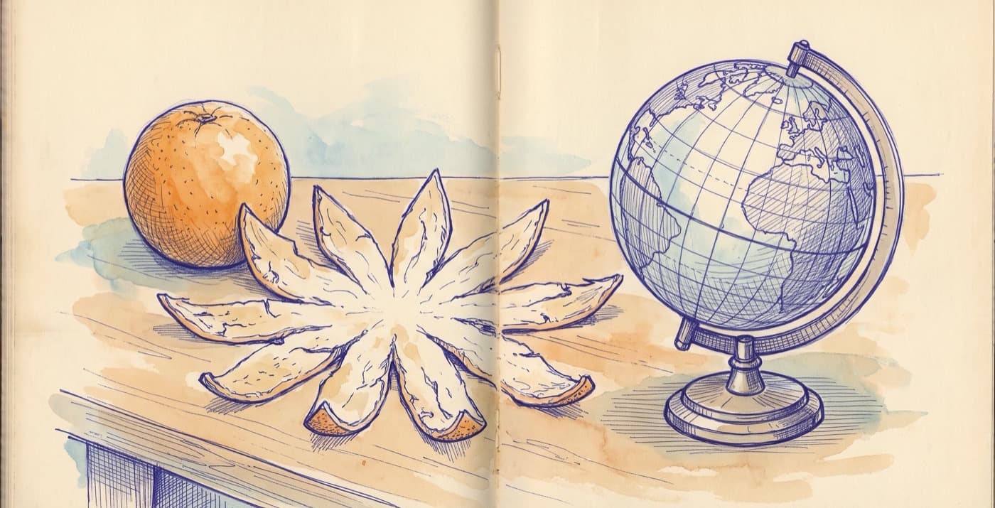 An orange peel pressed flat on a table beside a desk globe