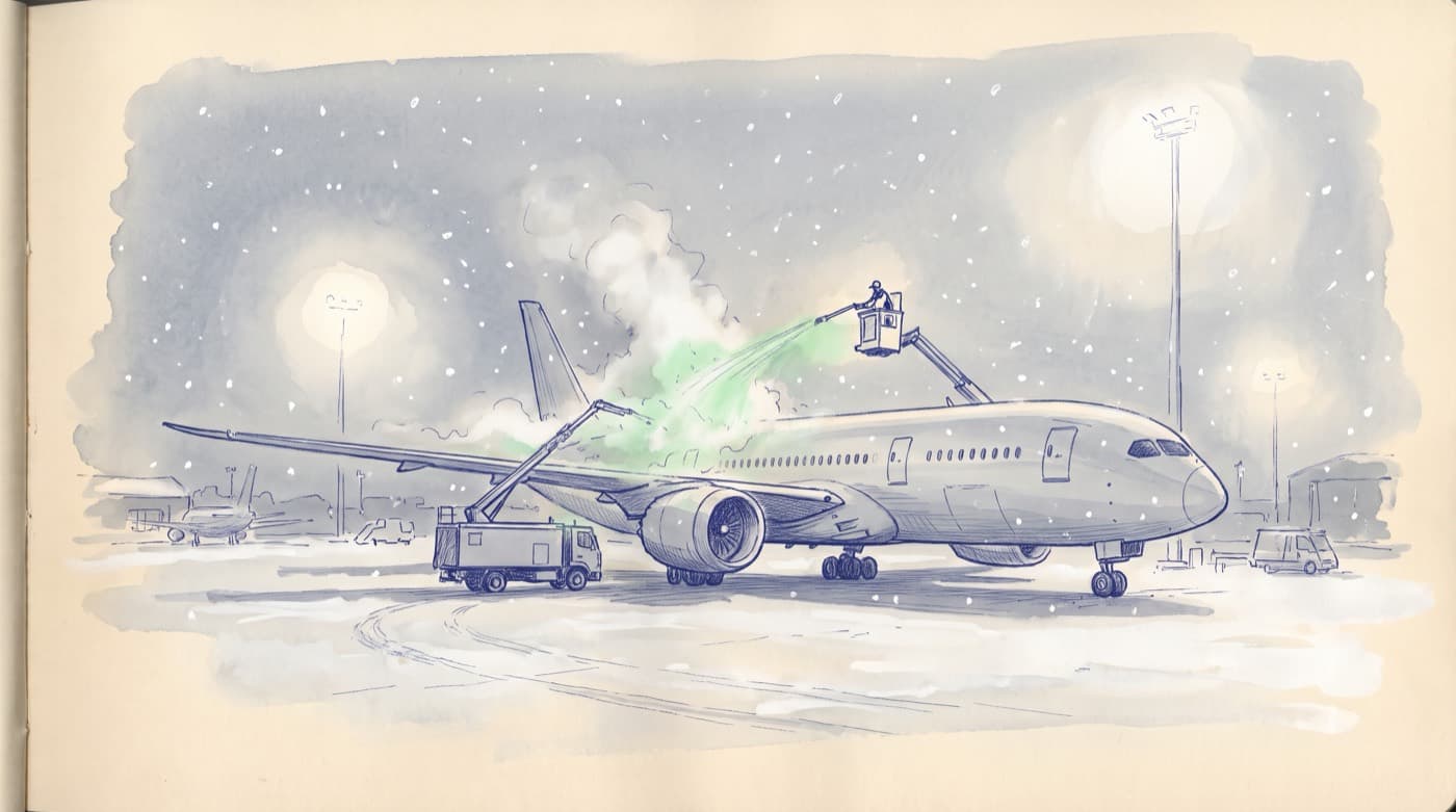 Sketch of a wide-body airliner on a snowy apron at night, a de-icing truck with a raised basket spraying pale green fluid over the wing