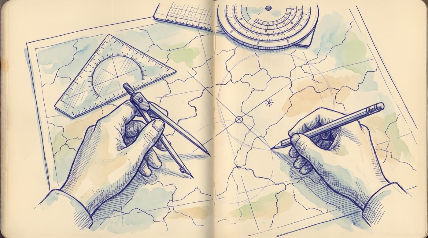 Hands plotting on a chart with a protractor, dividers and a pencil; two position lines cross at a fix