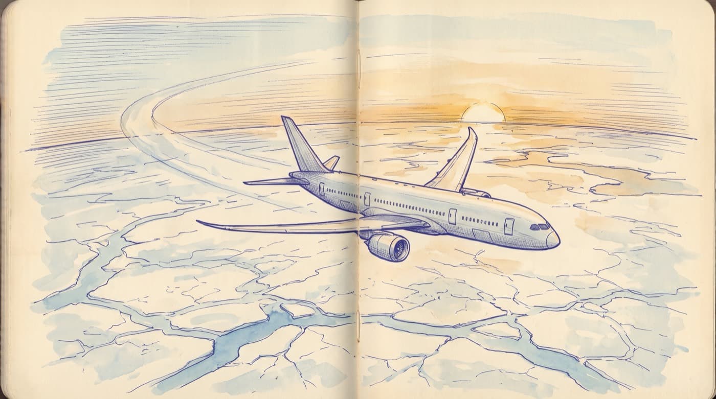 A widebody airliner cruising high over Arctic sea ice with a low sun