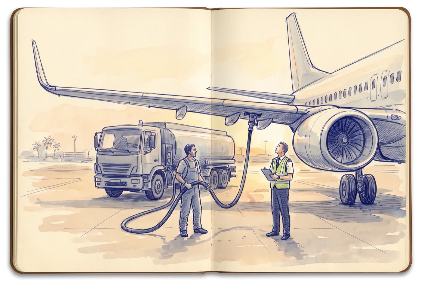 Sketch of a fuel truck under the wing of a narrow-body jet, a refueller holding the hose connected under the wing and a co-pilot watching